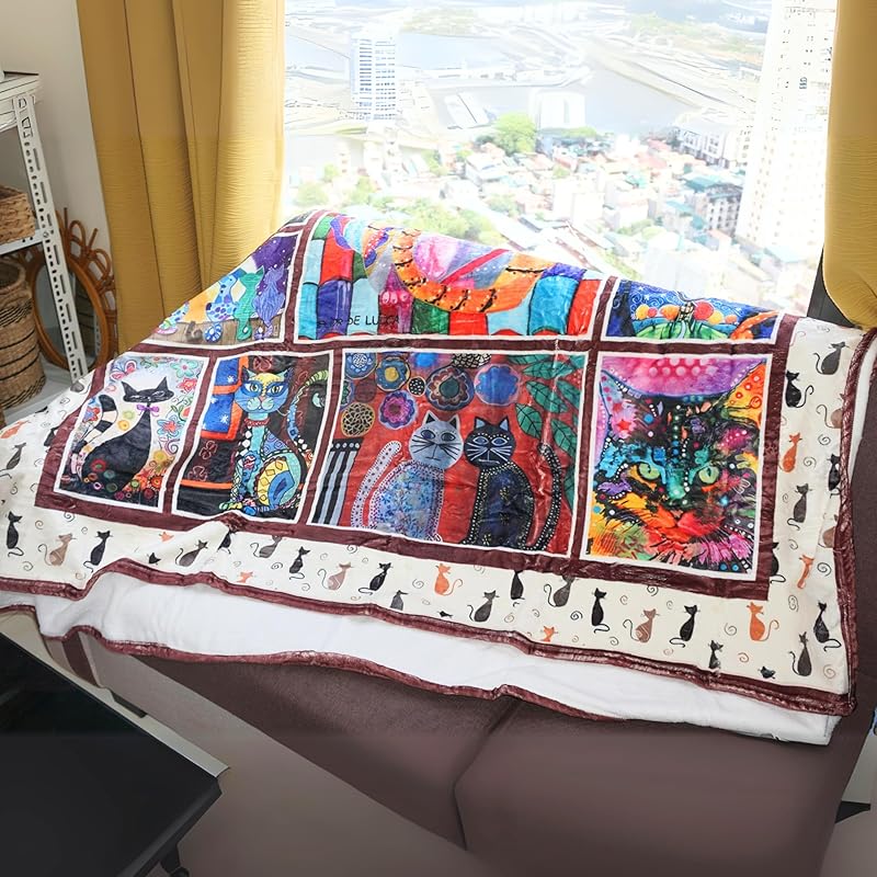 Throw Blanket - Colorful Cat Design Boho Blanket, Ultra Soft Rustic Quilt For Sofa, Couch, Bed, Bath Towels - Lightweight Bohemian Blankets - Cute Decorative Throw Coverlet (59x71 inch)