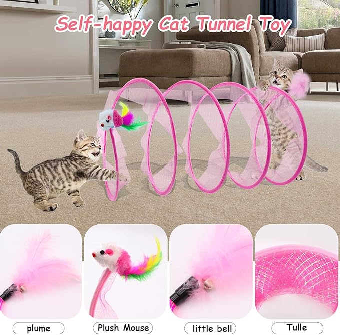 Cat Tunnel, 1PCS Folded Cat Tunnel Toy, Pink Mice Tube Cat Springs for Indoor with Feather, Mouse Toys Interactive Cat Toy Tunnel Self-Happy Cat Toys, S-Type Collapsible Tent