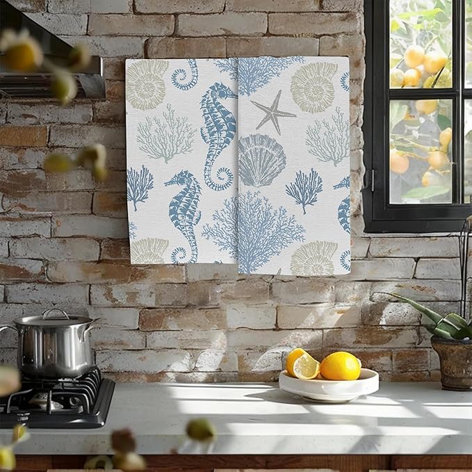 Seahorse Seashells Starfish and Coral Hand Towel for Bathroom Set of 2,Blue Marine Lifes Bathroom Hand Towel,Soft Absorbent Decorative for Hotel Home Decor