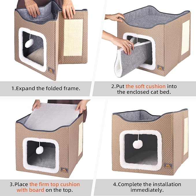 Cat Bed for Indoor Cats,Medium Large Cats Cave Bed,Machine Washable Slip Resistant Bottom,Ultra Soft Plush Cushion (Beige House)
