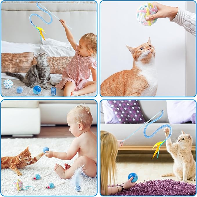 MALLMALL6 10Pcs Cat Toy Set Interactive Cat Toys Pack Including Feather Teaser Wand Cat Springs Mice Crinkle Balls and Pet Bell Balls, Puzzle Toys for Indoor Cats Gift (Blue)