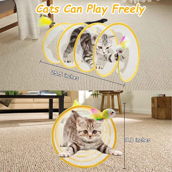 Folded Cats Tunnel Toy for Cats, Collapsible Cats Spring Tunnels Toy with Feather Mouse Toys, Played Tunnels Cats Tunnel Bed Tube Inside Cats, Interactive Cats Toy for Puppy Kitten