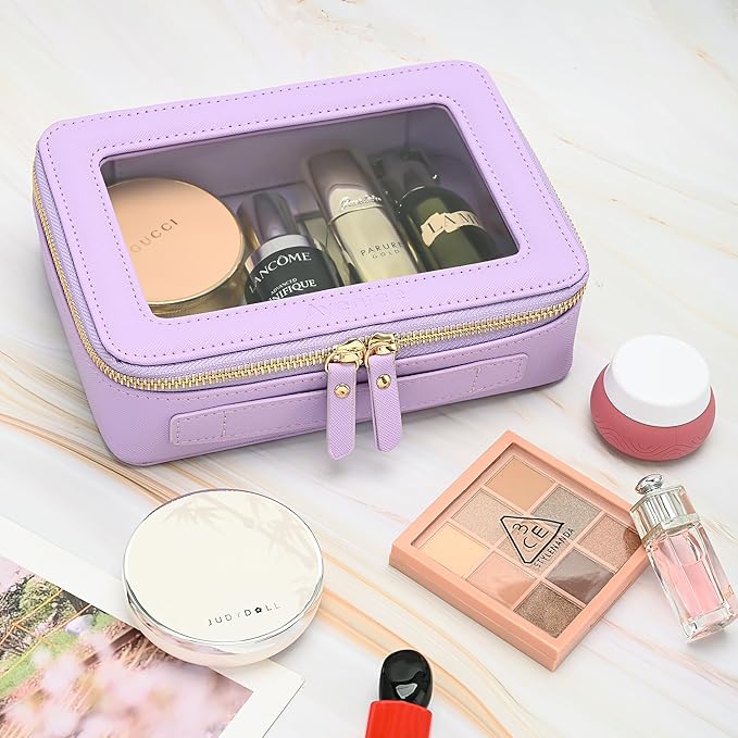 Aveniee Clear Makeup Bag for Women, Clear Cosmetic Case Travel Toiletry Bag, Heavy Duty Makeup Organizer Car Bag with Clear Windows & Gold Zippers(Lilac)