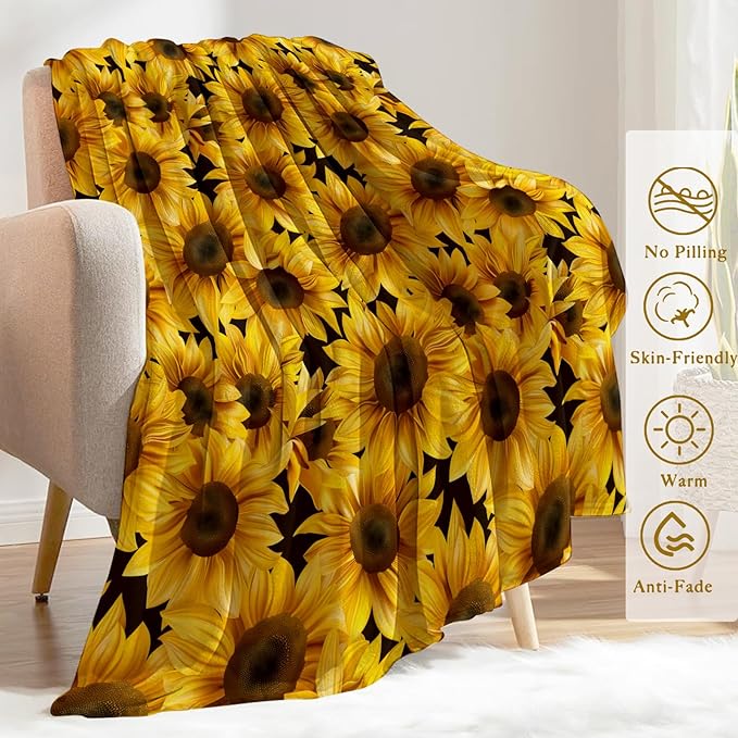 Sunflower Blanket Plush Flannel Throw Blanket - Ultra Soft & Warm, Comfy & Lightweight - Perfect for Couch, Travel, Bedroom, Bed, Living Room - Cozy, Fuzzy Gift 50in×60in