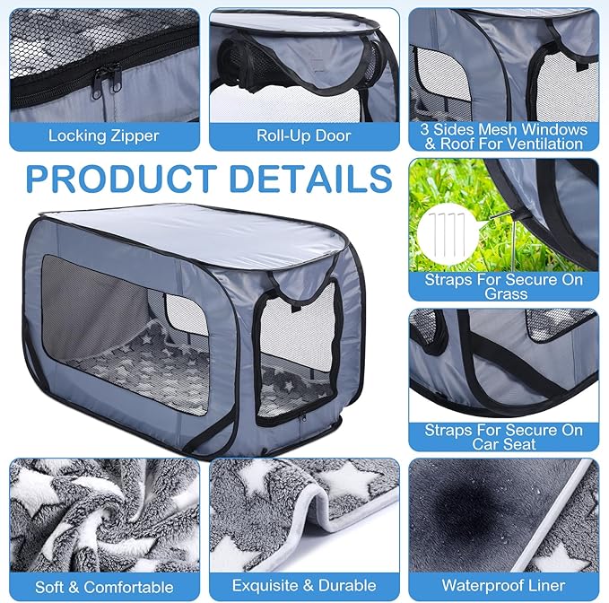 37 Inch Portable Cat Dog Crate with Mat Liner Pop up Dog Kennel Pet Tent Car Seat Travel Kennel Bed for Indoor Outdoor Waterproof Pet Crate Cage for Large Cat Medium Puppy Camping(Gray)