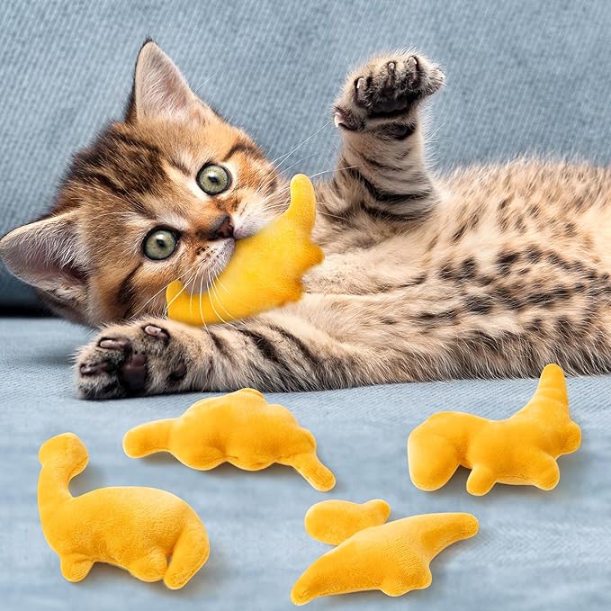 MALLMALL6 Catnip Toys for Cat - 5Pcs Dino Nuggets Cat Toys, Dinosaur Chicken Nugget Catmint Interactive Gift for Indoor Cats, Plush Golden Cat Supplies, Chew Cat Toy Set, Cute Pet Gifts for Cat Lover