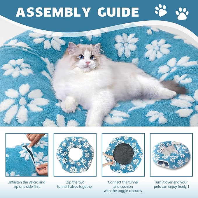 Cat Tunnel for Indoor Cats, Cute Peekaboo Cat Cave Play Tunnel with Dangling Balls, Pet Donut Tunnel Bed with Circle Mat for Cat Puppy Kitten Rabbit, Blue