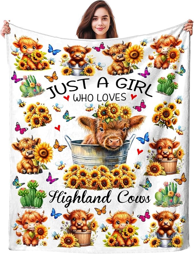 Highland Cow Gifts Sunflower Highland Cow Print Blanket Throw Plush Stuff Cute Animal Butterfly Gifts for Girls Kids Women Adults Highland Cow Lovers Birthday Decorations 80"X60"