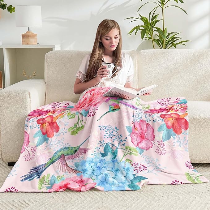Floral Throw Blanket for Girls Women Colorful Birds Soft Fuzzy Flannel Bed Blanket for Adults Plush Watercolor Flowers Christmas Birthday Gifts,50x60”