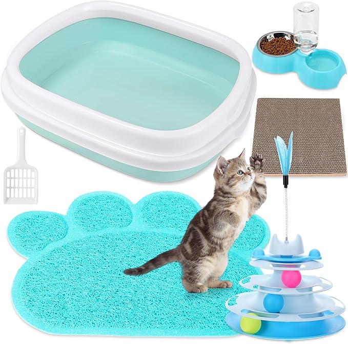 5 Pcs Small Cat Kitten Starter Kit Include Cat Litter Box with Shovel Cat Paw Litter Mat Scratch Pad Automatic Cat Bowls Turntable Cat Toys Balls Cat Essentials Kits for Cats Life(Blue)