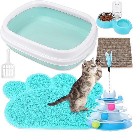 5 Pcs Small Cat Kitten Starter Kit Include Cat Litter Box with Shovel Cat Paw Litter Mat Scratch Pad Automatic Cat Bowls Turntable Cat Toys Balls Cat Essentials Kits for Cats Life(Blue)