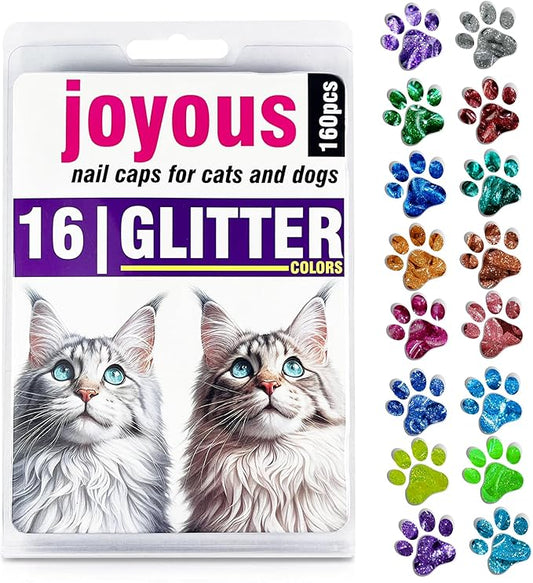 16x Glitter Colors / 160 pcs | Cat Nail Caps | Cat Claw Covers with Adhesives and Applicators (L)