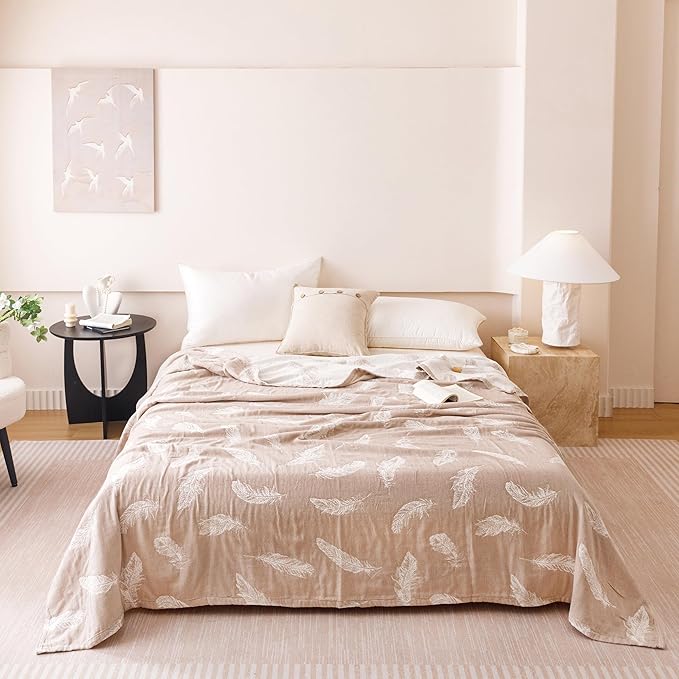 MEJU Feather Cute Modern Fashion All Season Blanket Throw Decorative for Bed Sofa Couch 100% Cotton 3 Layer Soft Warm Reversible Bedspread Throw Blanket Bed Coverlet Sheet Grey Twin 60 in x 80 in