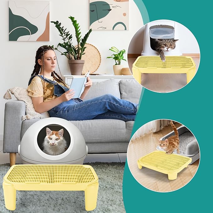 BALAPET Adjustable Cat Ramp for Litter Box Elevated Cat Litter Ramp for Cat Litter Boxes Double Layered Litter Trapper with Filter Function Cat Steps Suitable for Small & Elderly Cats (Milkyellow)