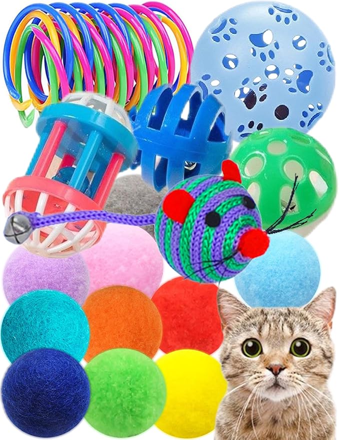 19-Piece Cat Toys Pack - 5 Bell Balls, 10 Plush Balls, 4 Spring Toys - Kitten Toys for Indoor Cats