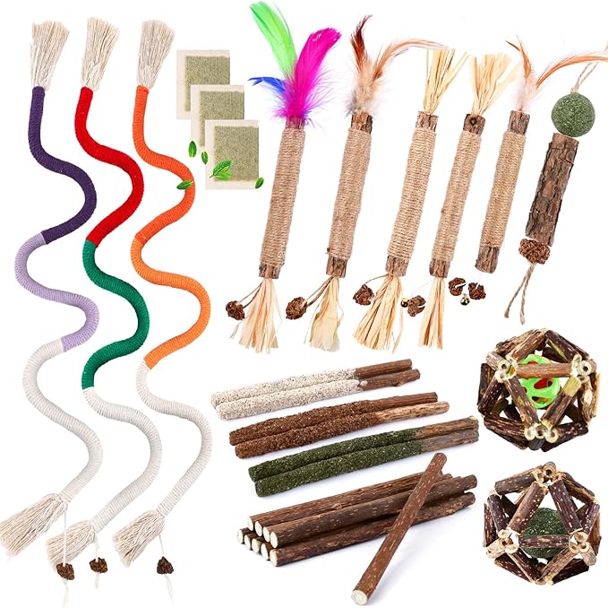 27 Pack Catnip Chew Toys for Cats,Cotton Sisal Rope Toys,Cat Natural Silvervine Sticks,for Cat Teeth Cleaning and Dental Care,Interactive Cat Toy for Bored Indoor Cats