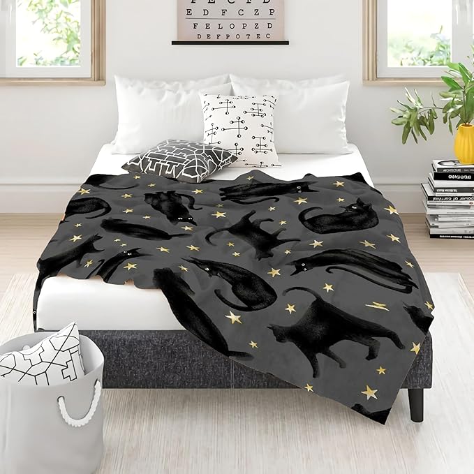 Khumbhira Cute Black Cats and Stars Moon Super Soft Fleece Flannel Blankets Birthday Throw Blanket Bedding Cover All Season for Picnic Couch Large 80"x60"?Queen? Adults