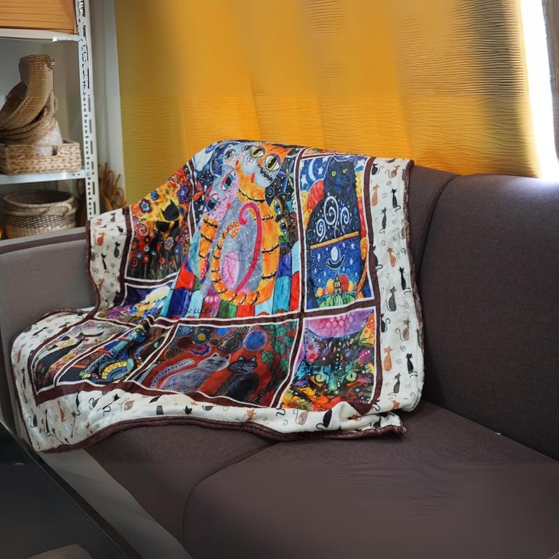 Throw Blanket - Colorful Cat Design Boho Blanket, Ultra Soft Rustic Quilt For Sofa, Couch, Bed, Bath Towels - Lightweight Bohemian Blankets - Cute Decorative Throw Coverlet (39x59 inch)
