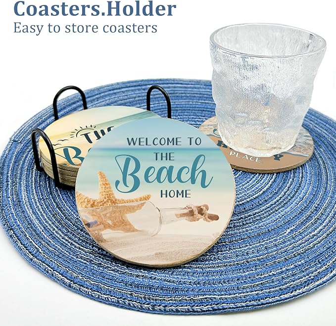 Beach Coastal & Ocean Sea Tropical Theme Cork Coasters for Drinks, Kitchen Decor and Gifts for Beach House and Home Beach Bar-Coasters for Wooden Table-Set of 6 with Holder