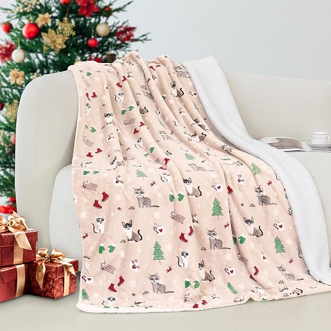 Elegant Comfort Reversible and Ultra-Plush Flannel Fleece-Winter Christmas Sherpa Throw- Lightweight Soft and Cozy-Holiday Decorative Throw, Perfect for Lounging, 50 x 60 inches, Cream Christmas Cat
