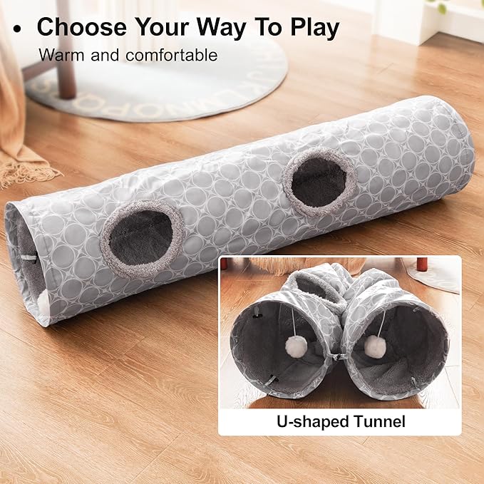 Love’s Cabin Straight Cat Tunnel Tube Fleece-Lined in for Warmth, Cat Tunnels for Indoor Cats Collapsible with Balls, for Rabbits, Kittens, Puppy, Geometric Cat Toys Large Diameter 11 Inch Grey