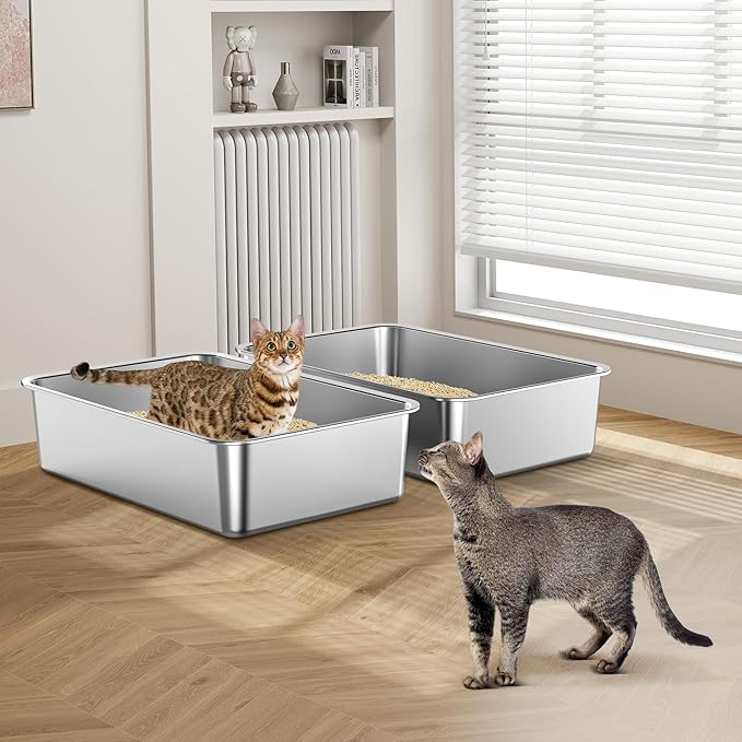 2 Pack 23.6" x 16" x 8" XXL Stainless Steel Cat Litter Boxes, High Sides Metal Cat Litter Box for Multi-Cats Big Cats XXL Metal Litter Pan Tray, Non-Sticky, Easy Cleaning