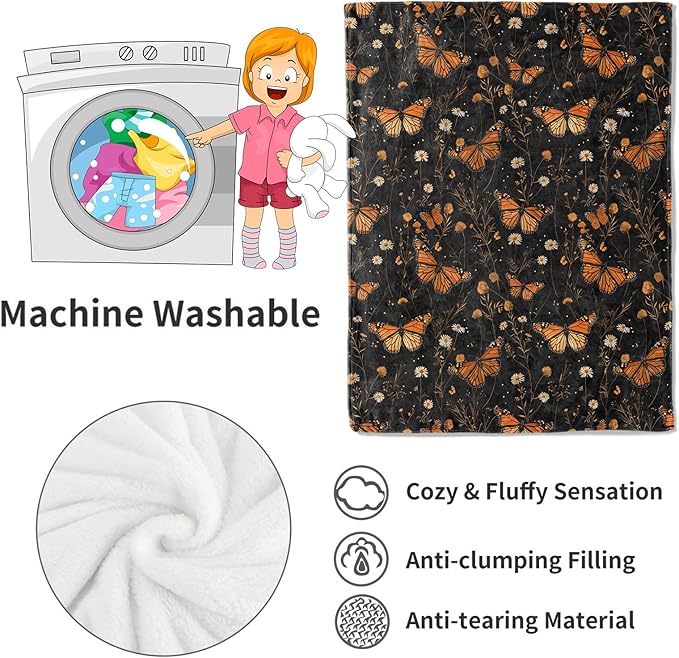 Butterfly Garden Blanket Floral Black Throw Blankets Gifts for Girls Women Adults Lightweight Soft Fleece Cozy for Sofa Couch Bed Room Travel Birthday Party Decor 50x60in