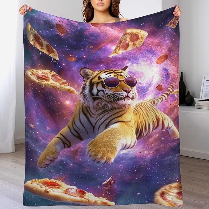 Pizza Blanket Funny Pizza Tiger Gifts for Girls Boys Woman Kids Pizza Lover Throw Blankets Soft Blanket Warm Fleece Flannel Plush Blankets for Bed Sofa Couch 60"x80"