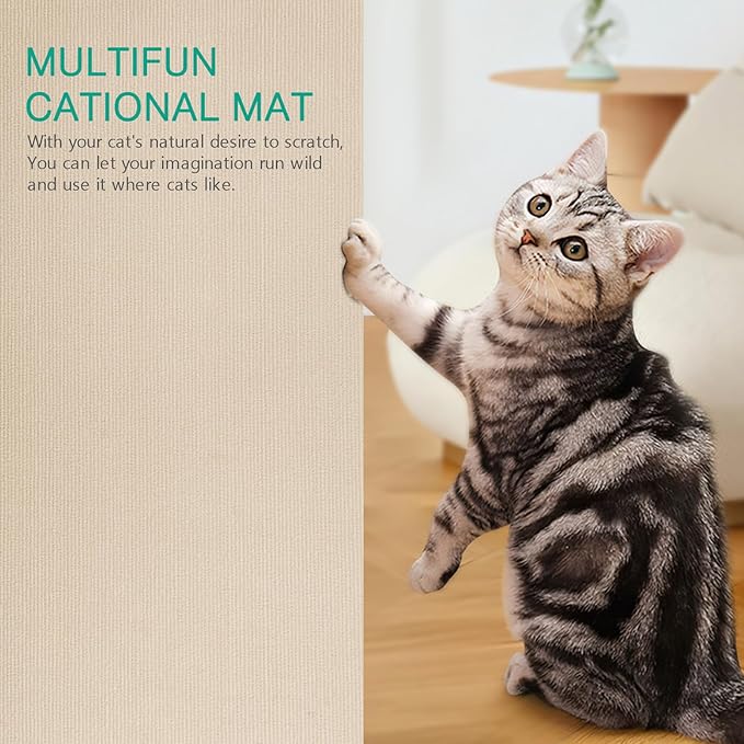 ORIA Cat Scratch Mat, Cat Wall Climbing Carpet, Trimmable Self-Adhesive Cat Scratch Furniture Protector, for Cat Tree, Cat Shelves, Indoor Cats Kitten, 1 Meter, Beige
