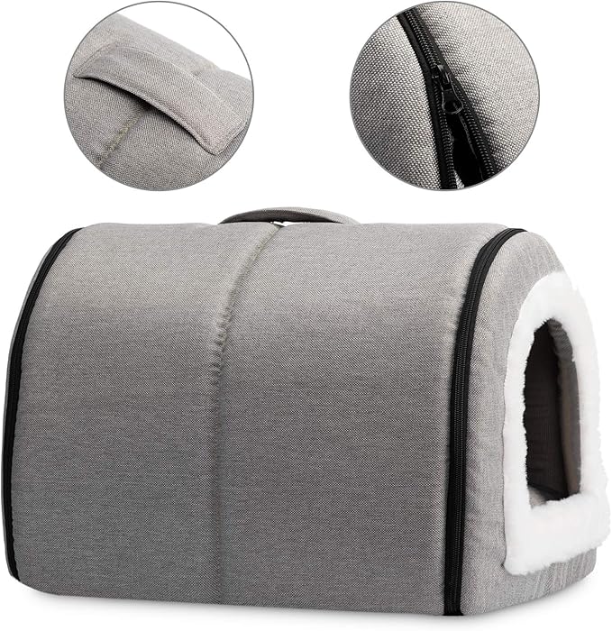 Hollypet Linen Cat Bed, Self-Warming 2 in 1 Foldable Cave House Animal Shape Nest Pet Sleeping Bed, Gray