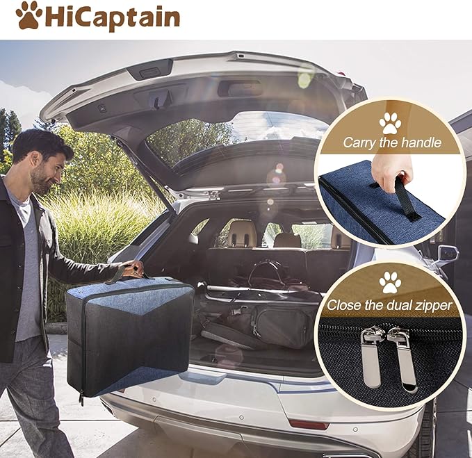 HiCaptain Portable Travel Litter Box, Foldable Cat Litter Box with Lid and Handle Standard Lightweight Collapsible Litter Carrier for Cat Travel(M,Black/Blue)