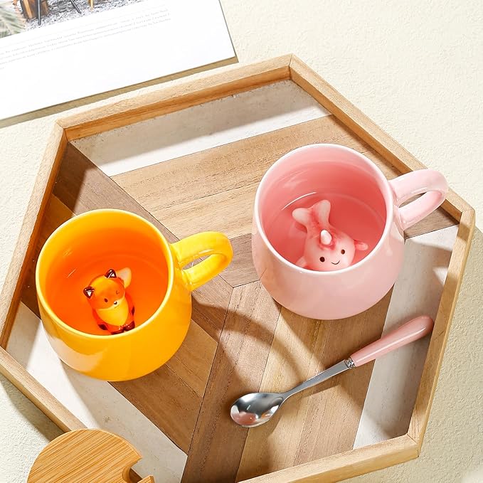 BigNoseDeer Kawaii Pink Unicorn Mug - 3D Narwhal Inside, Ceramic Coffee Mug with Lid & Spoon for Teen Girls & Women, 13.5oz