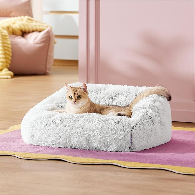 Lesure Cute Cat Couch Bed - Furry Indoor Cat Sofa Large, Washable Calming Small Dog Beds for Puppy with Fashion Design, 26x21x9inches, Gery