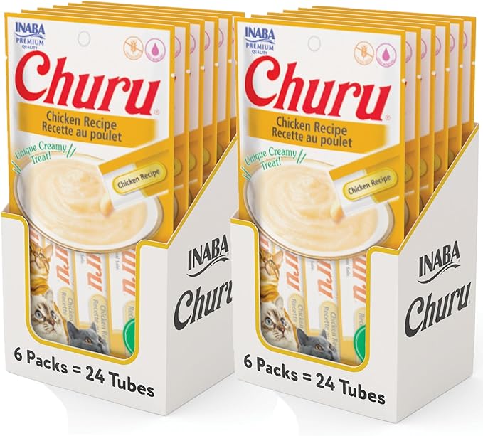 INABA Churu Cat Treats, Grain-Free, Lickable, Squeezable Creamy Purée Cat Treat/Topper with Vitamin E & Taurine, 0.5 Ounces Each Tube, 48 Tubes (4 per Pack), Chicken Recipe