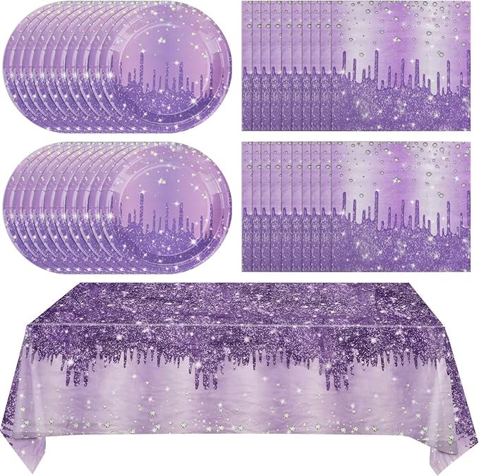 41Pcs Purple Birthday Party Decorations, Happy Birthday Party Tableware Includes 20 Paper Plates 20 Napkins and 1 Tablecloth, Purple Dinnerware for Women Girl Men Birthday Party Baby Shower Decoration