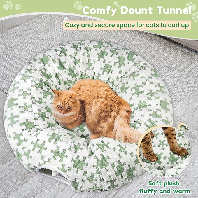 Cat Tunnel Bed Cat Cave for Cats Indoor, Maansfy Large Peekaboo Cat Cave Donut Tunnel Interactive Cat Toy Multifunctional Round Pet Play Tunnel Tube for Kitten Medium Large Cat - Green