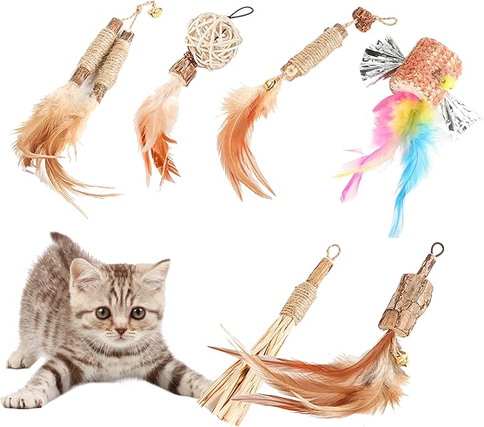 Cat Feather Toys Refills Cat Wand Replacement 6Pcs,Cat Teaser Wand Refills with Feather and Silvervine Sticks for Indoor Cat Chew Toy,Interactive Cat Wand Toy Refills