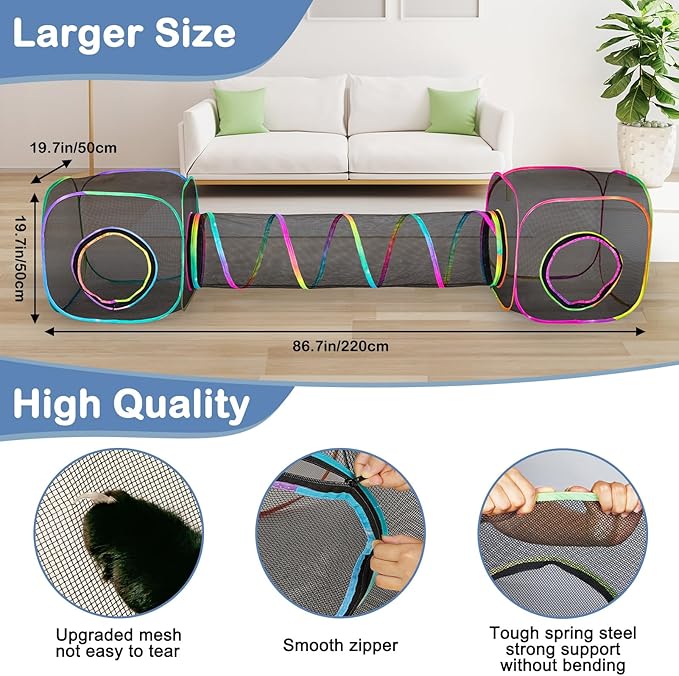 Outdoor Cat Enclosures Portable Cat Tunnel with Carry Bag Breathable Cat Tent Outdoor with 2 Mouse Toys Outside Cat Enclosure for Indoor Cats (2 Cubes + Run Tunnel)
