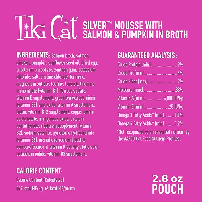 Tiki Cat Silver Mousse, with Salmon & Pumpkin in Broth, Silky Smooth Nutrient Rich Formulated for Older Cats Aged 11+, 2.9 oz. Pouch (Pack of 12)