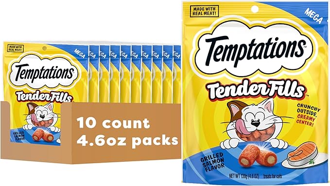 Temptations Tender Fills Grilled Salmon Flavor Crunchy and Soft Adult Cat Treats, 4.6 oz. Pouch (Pack of 10)