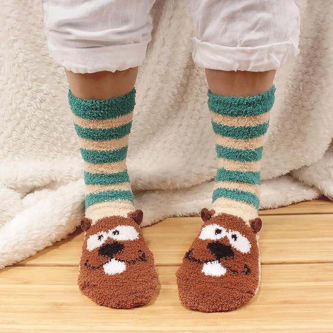 BambooMN Women's Super Soft Warm Microfiber Fuzzy Cozy Animal Socks or Christmas Winter Animal Socks, Value Pack