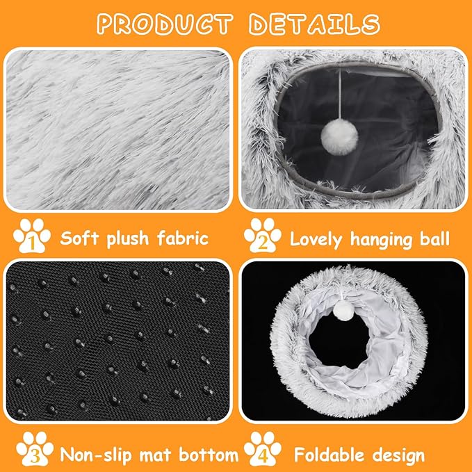 Cat Tunnel Bed for Indoor Cats Multifunctional Large Cat Tunnel 3 in 1 Cat Tubes and Tunnels Peekaboo Cat Cave Fluffy Donut-Shape Pet Play Tunnel for Multiple Cats Kitten Small Puppies (Grey)