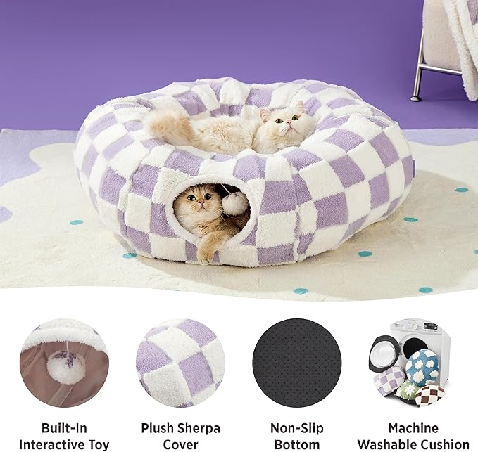 Lesure Cat Tunnel Bed for Indoor Cats - Cute Cat Donut Tunnel with Washable Circle Cushion, Round Pet Play Tunnel Toy for Kitten/Puppy/Rabbit,Purple