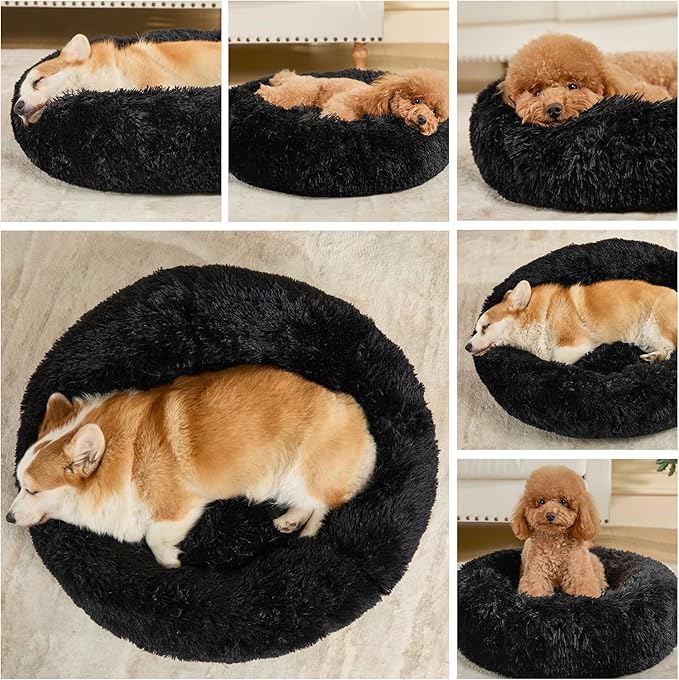 Dog Bed Calming Dog Beds for Small Medium Large Dogs - Round Donut Washable Puppy Dog Bed, Anti-Slip Faux Fur Fluffy Donut Cuddle Anxiety Cat Pet Bed(16'' Black)