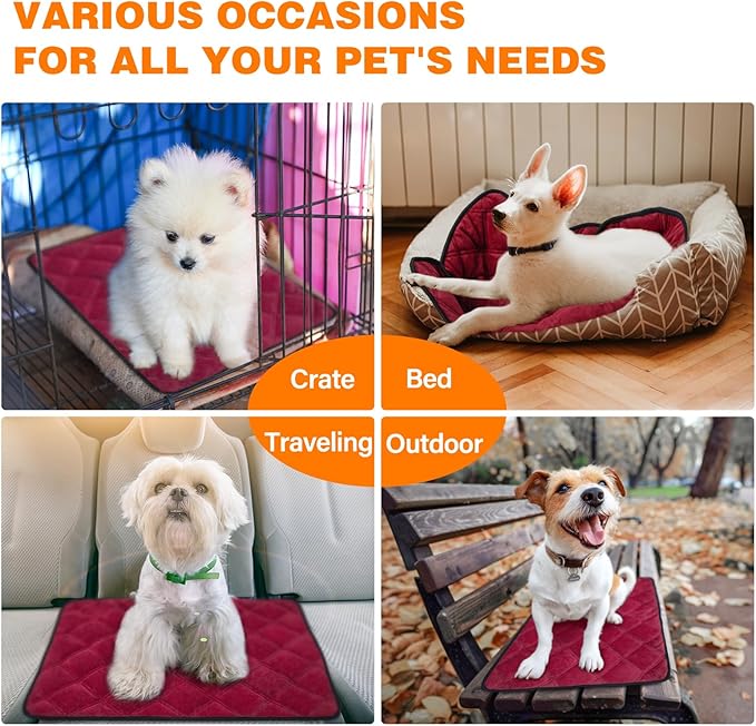 Self Warming Cat Bed, Pet Crate Pad for Indoor and Outdoor, Washable Heating Cat Mat Bed with Non-Slip Bottom for Cats, Puppy and Small Dogs - Deep Red, S:19"x28"