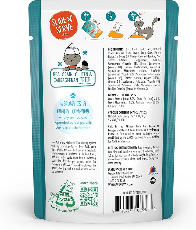Weruva Cats in The Kitchen Slide N' Serve Grain-Free Natural Wet Pate Cat Food Pouches, Cat Times at Fridgemont, 3oz Pouch (Pack of 12)