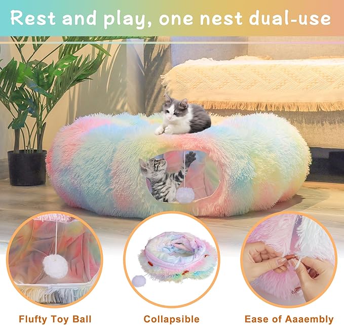 Cat Tunnel Bed for Indoor Winter, Warm Fluffy Plush Rainbow Cats Donut Tunnel with Central Mat, Multifunctional Pet Playground Toys Hide Place for Indoor Kitten Puppy Rabbit Ferret