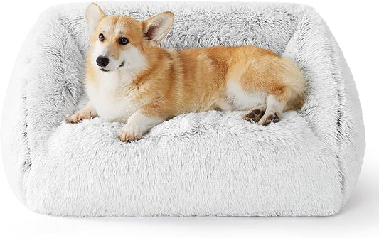 Lesure Dog Bed Medium Size - Cute Furry Calming Puppy Beds, Rectangle Washable Indoor Pet Beds with Removable Zipper Cover, 35x25x11inches, Grey