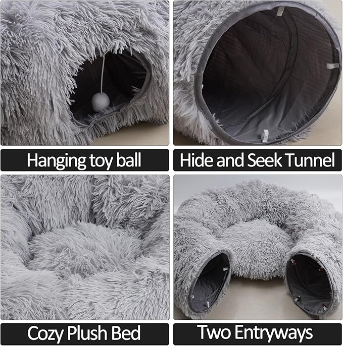 Cat Tunnel Bed with Central Mat, Soft Fluffy Plush Cat Tube Playground Toys, Collapsible Multi-Combinations Donut Circle Tunnel for Indoor Cat Kitten Kitty Puppy Rabbit Ferret (Gray)
