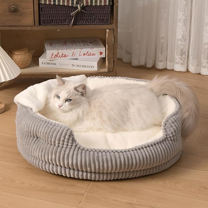 Cat Beds for Indoor Cats,with Soft Hooded Blanket.Comfortable Cute cat Bed,Removable Inner pad Washable with Non-Slip Bottom,Cozy Kitten、Small Dog Bed (Grey)